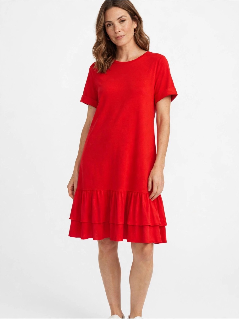 Chico's Bright Red Short-Sleeve Tiered Ruffle Dress 2/L.